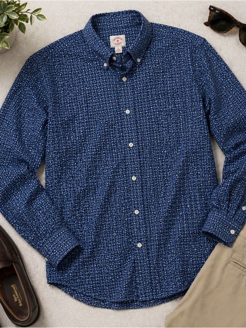 Brooks Brothers Blue Geometric Button Down Shirt Mens Long Sleeve Classic Fit